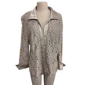 RM Richards Beige Lace Jacket W/Satin Trim Rhinestone Cuff Size 16 Made In USA